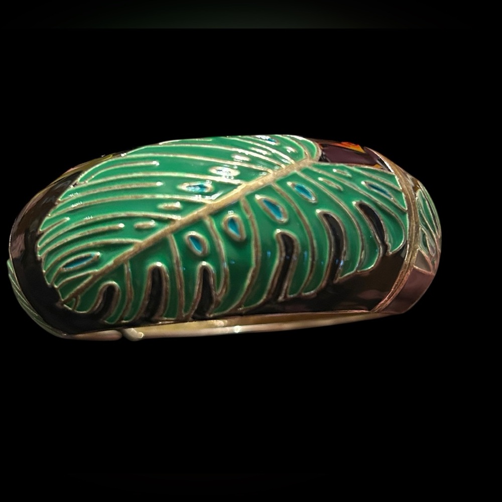 Wide Black w Green Leaves SEQUIN Enamel Clamper Bracelet NEW